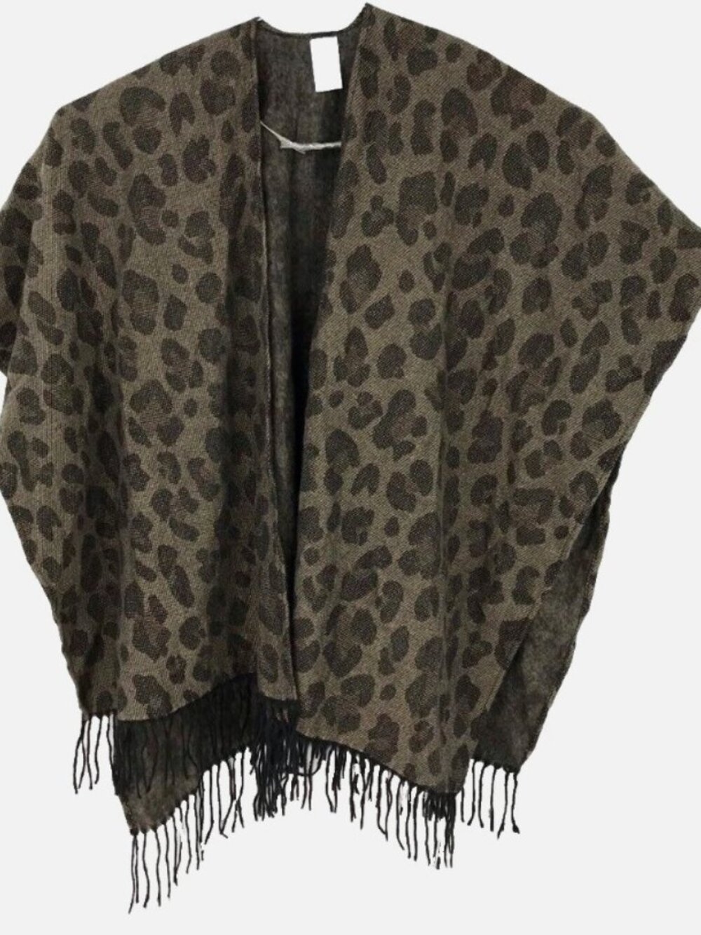 Woolrich Womens Open Front Shawl Poncho Sweater Brown Leopard Print Fringes OS - Picture 3 of 5